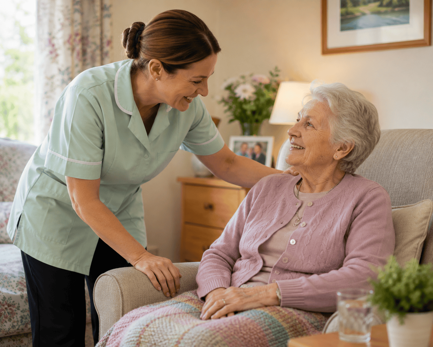 a carer tends to an elderly lady